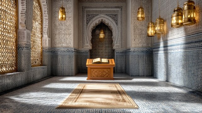 Serene Prayer Space with Decorative Rug and Open Quran in Tranquil Setting