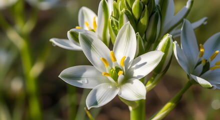 Fototapeta premium A macro shot of delicate white flowers with green stripes on petals and bright yellow centers in the field