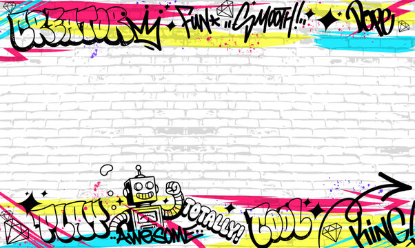 Graffiti background with throw-up and tagging hand-drawn style. Wallpaper graffiti art vector illustration	