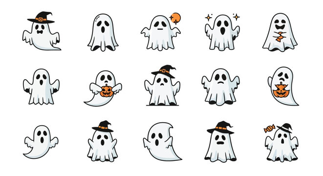 Set of cute and friendly ghost icons for Halloween, featuring various playful expressions and accessories