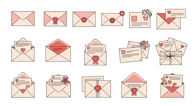 Charming vector set of romantic envelopes and open letters, adorned with heart seals, ideal for sending heartfelt messages, love correspondence, and special occasion invitations