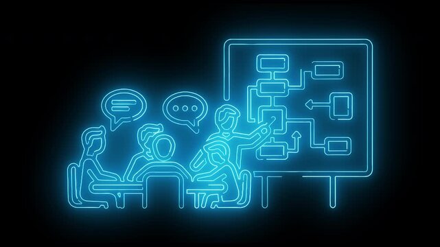 Neon-lit illustration of three people discussing a flowchart on a screen with glowing blue lines on a black background.