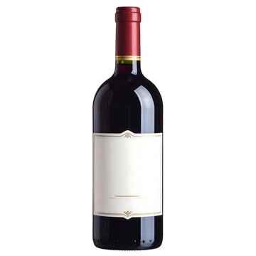 A wine bottle with a red cap and white label on a plain background