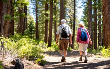 Fototapeta premium Elderly Couple Walking Along a Serene Trail in a Lush Green Forest