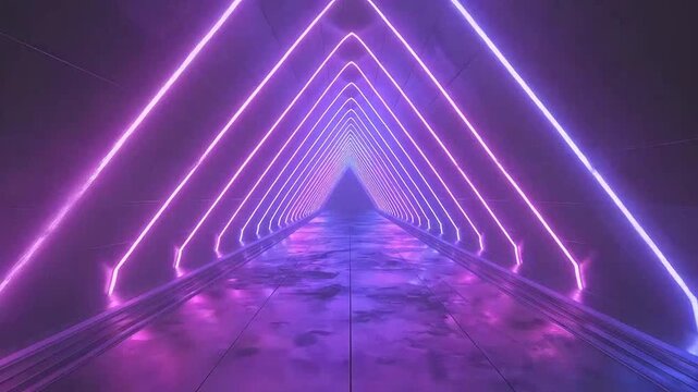 A futuristic corridor with glowing neon triangular lights in a dark space