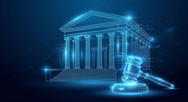 AI Justice Court Technology Concept, Smart Legal System with Artificial Intelligence Assisting Fair Judgment, Courthouse with Gavel Symbol, Unbiased Decision Making, LegalTech Innovation ai