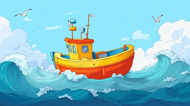 A cheerful, cartoon-style fishing boat navigating through vibrant, choppy ocean waves under a bright, cloudy sky with seagulls flying overhead