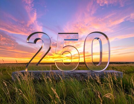 3D glass 250 numerals on granite base in American prairie at sunset. Sharp wild tallgrass, orange sky reflection, and deep focus with copy space. National anniversary.