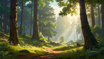 Obraz premium A sun-drenched forest path winds through tall trees, bathed in golden light