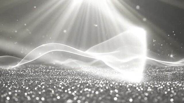 Abstract silver background with glowing light rays and sparkling particles