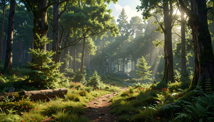 Obraz premium Lush forest path bathed in sunlight, vibrant greens, rays pierce through trees