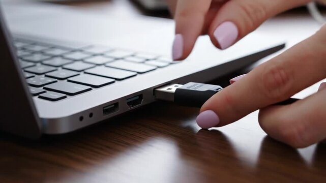 Person Plugging USB Cable into Laptop
