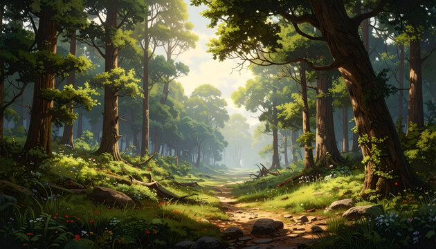 Forest path bathed in sunlight, surrounded by tall trees and lush greenery