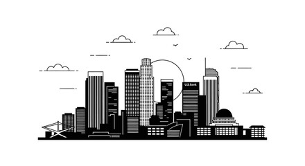 Obraz premium Minimalist black and white line art illustration of Los Angeles city skyline.
