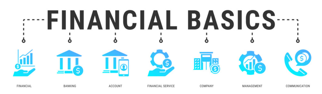 Financial Basics web banner icon vector illustration featuring Financial, Banking, Account, Financial Service, Company, Management and Communication