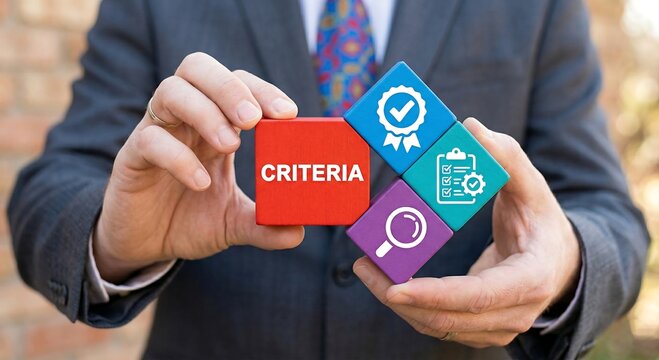 Business person holding colored styrofoam blocks sees the text CRITERIA. Criteria Controlling Follow Guidelines Conduct Concept. Criteria evaluation. Goal setting and achievement strategy. Concept 4k
