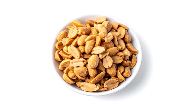 A white bowl filled with roasted peanuts on a white background