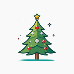 Fototapeta premium A cheerful cartoon Christmas tree adorned with colorful ornaments and a shining star on a white background.