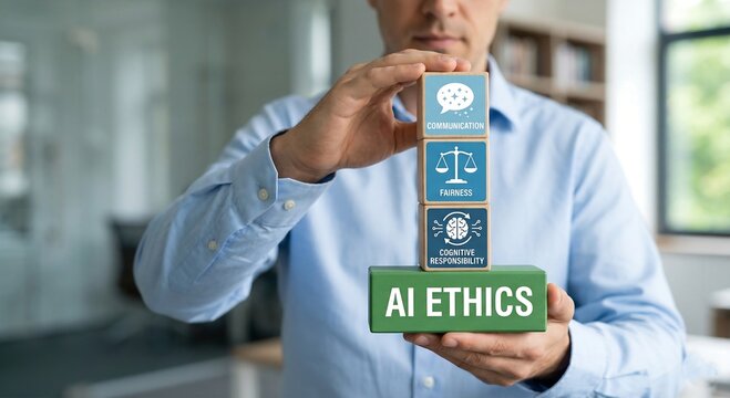 AI ethics and responsible artificial intelligence governance concept. Man holding blocks with icons sees the words AI ETHICS. Fair, safe, legal use of technology. Machine learning morality 4k image.