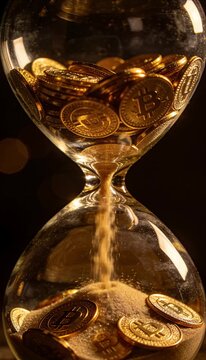 Vertical Video Golden coin hourglass cryptocurrency digital money time concept investment savings wealth sand flow financial risk glowing light symbolizing fleeting opportunity value cryptocurrency