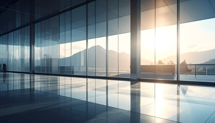 Fototapeta premium Large open modern interior with floor-to-ceiling windows overlooking mountains at sunrise