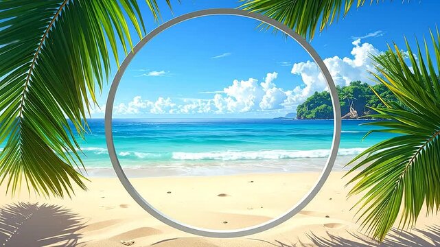 A circular frame looking out onto a beautiful tropical beach with palm leaves