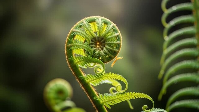 Closeup of a bright green unfurling fern frond against a dark green blurred background