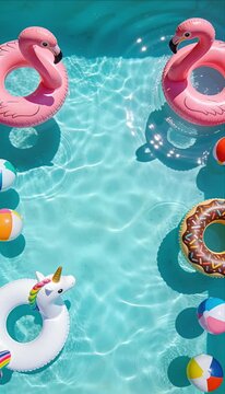 Vertical Video Swimming pool summer inflatable flamingo unicorn donut beach ball turquoise water vacation fun play and relaxation with colorful pool float inflatable flamingo unicorn donut float ring