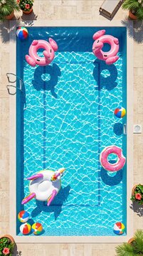Vertical Video Summer swimming pool turquoise water inflatable unicorn flamingo float beach ball vacation fun relaxation sunny day overhead top view joyful party scene with refreshing leisure holiday