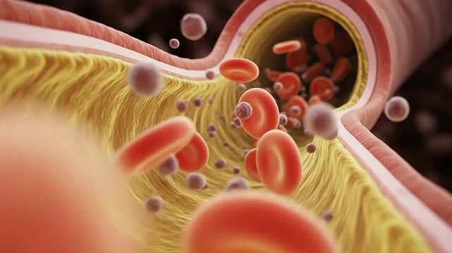 Red blood cells flowing through a human artery with plaque buildup inside the vessel