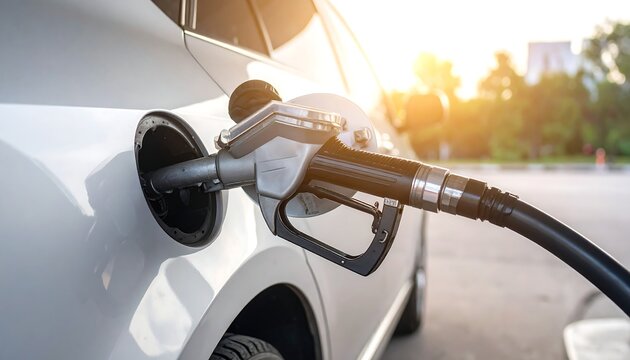 A white car being refueled at a station during sunset