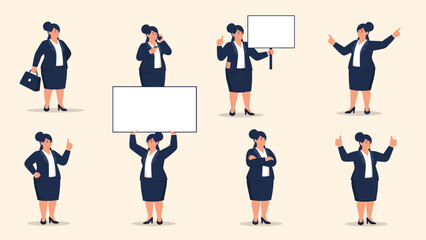 Obraz premium Businesswoman in a dark suit shown in various professional poses holding blank signs and using a phone on a light background.