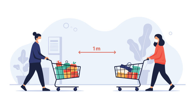 Two women wearing face masks shop for groceries while maintaining a one meter social distance in a supermarket during a pandemic.