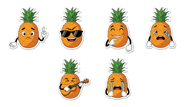 Fun set of pineapple character stickers showing different emotions like sadness, coolness, laughter, fear, music playing, and crying with tears.