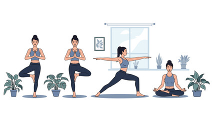 Fototapeta premium Set of four illustrations showing a woman practicing various yoga poses like tree pose, warrior pose, and meditation in a peaceful room.