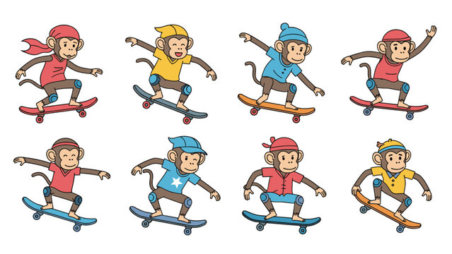 Playful cartoon monkey characters wearing colorful hats and pads riding skateboards in various dynamic action poses.