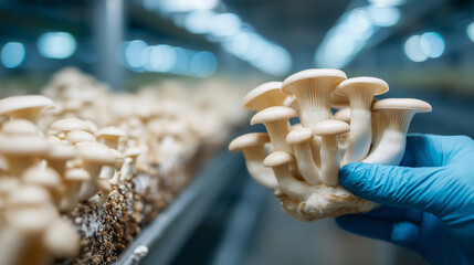 Obraz premium Mushroom Harvesting: A close-up shot captures a hand in a blue glove delicately holding a cluster of freshly harvested mushrooms.