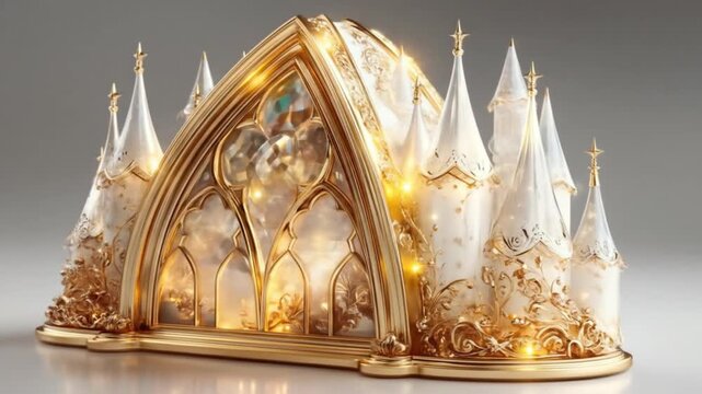Golden Ornate Crown Structure Sculpted with Glass Windows in Bright Studio