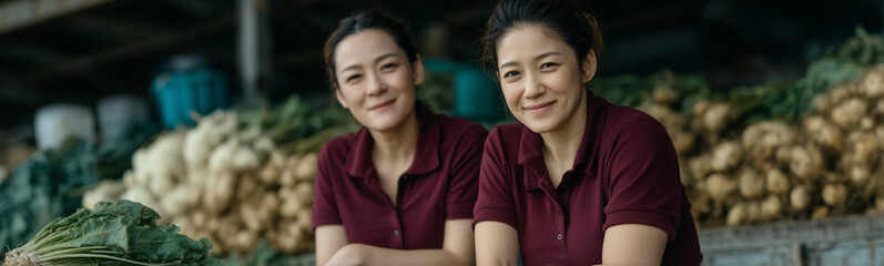 Obraz premium Twin Sisters at the Market: Two smiling women stand side-by-side in a bustling marketplace surrounded by fresh produce, embodying a sense of togetherness and the lively spirit of the community.