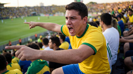 Naklejka premium A young man in a yellow jersey cheers loudly at a soccer stadium surrounded by a crowd of spectators.