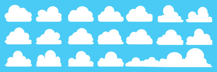 Fototapeta premium set of vector illustrations of clumpy clouds, cloud bubbles in flat style on a blue background
