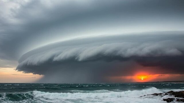 A massive supercell storm cloud looms over the ocean at sunset
