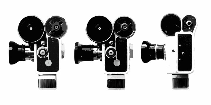 Vintage super 8 film cameras displayed in a black and white composition