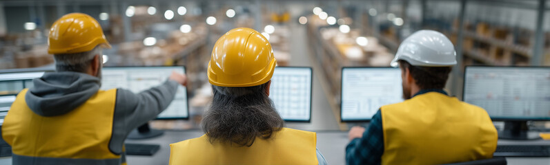 Fototapeta premium Industrial Oversight: Focused on computer screens, several workers monitor the production line, ensuring efficient operation within a modern factory environment.