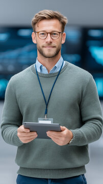 Tech Expert's Glance: A focused expert, clad in glasses and smart attire, holds a tablet, embodying a poised blend of technology and professional competence.