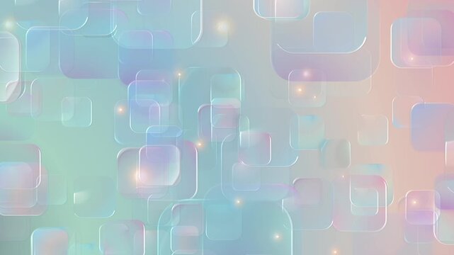 ガラスのような透明感のあるパステルカラーの角丸スクエアのアブストラクト　ゆっくり回転しながら上昇　ル