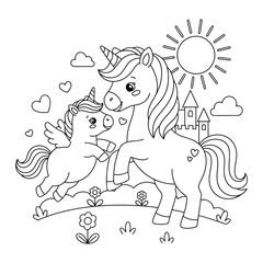 Fototapeta premium Unicorn mother and flying baby with wings in magical castle scene for kids coloring page