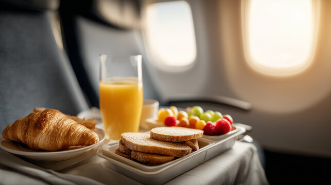 In-Flight Culinary Delight: A tempting tray of breakfast, with a flaky croissant and fresh fruit, alongside a glass of orange juice, evoking the comfort of travel and tasty food.