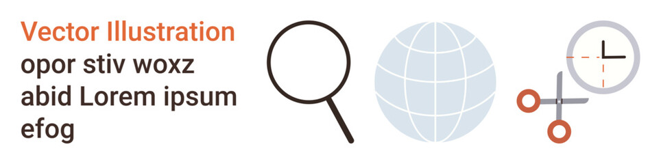 Obraz premium Data analysis, global communication, targeting, navigation, research, technology. Magnifying glass, globe crosshair and scissors arranged. Data analysis and global communication concept