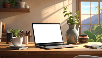 Fototapeta premium Sunny home office desk with a laptop, coffee, plants, and a window view